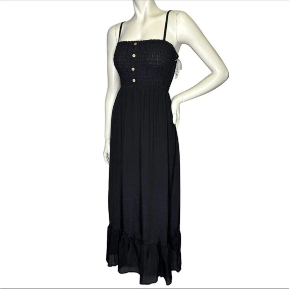 AUW SMOCKED BODICE BLACK FLARE HEM MAXI DRESS BOHO CHIC LARGE - Picture 3 of 15
